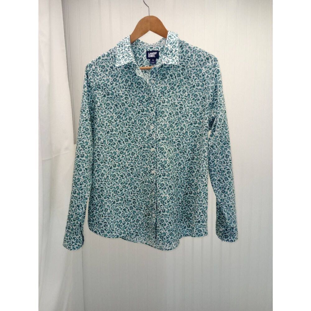Lands End blue & white button down long sleeve shirt. Size 14
